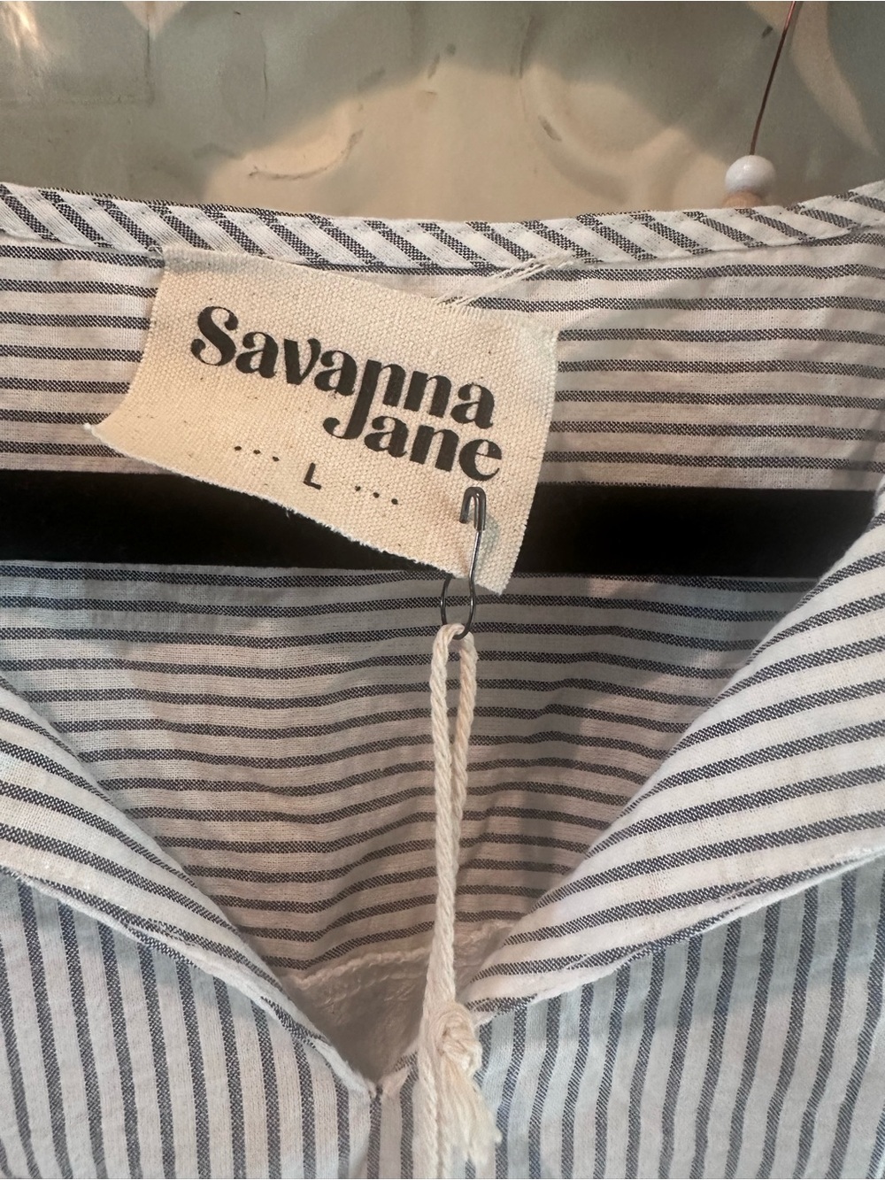 NWT Savanna Jane Embroidered Peplum Blouse Large Boho Striped Tie Neck Top - Picture 3 of 5